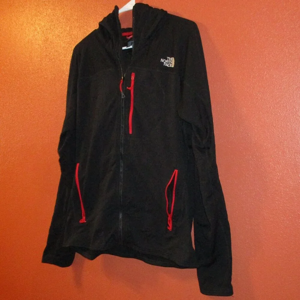 North Face Jacket Men Large Black Red Full Zip Pockets Outdoors Hooded Jacket